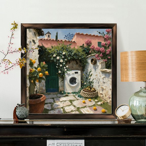 8x8 Inch Framed Wood Wall Art, Square Mediterranean Courtyard Scene with Lemon Tree and Washing Machine, Rustic Oil Painting Style Decor for Living Room 1pc