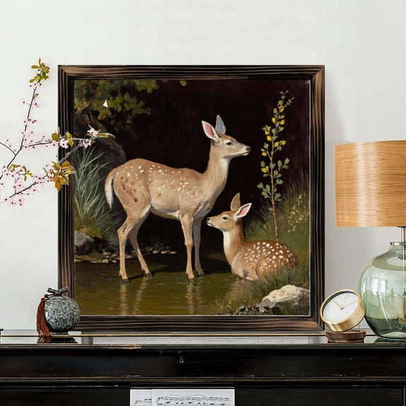 8x8 Inch Framed Wood Wall Art, Square Mother and Fawn Deer Portrait Painting on Wood Panel, Decorative Wildlife Nature Scene for Home Office Wall Decor 1pc