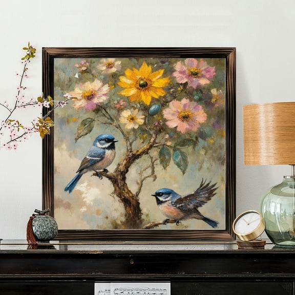 8x8 Inch Framed Wood Wall Art, Square Painterly Illustration of Two Blue Birds on Flowering Tree, Textured Oil Painting Style Decorative Panel for Home Living Room Wall Decor 1pc