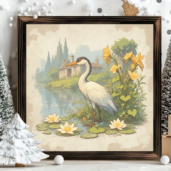 8x8 Inch Framed Wood Wall Art, Square Painting Featuring a Serene White Heron and Water Lilies, Vintage Style Decorative Wood Panel for Living Room Bedroom Home Decor, 1pc