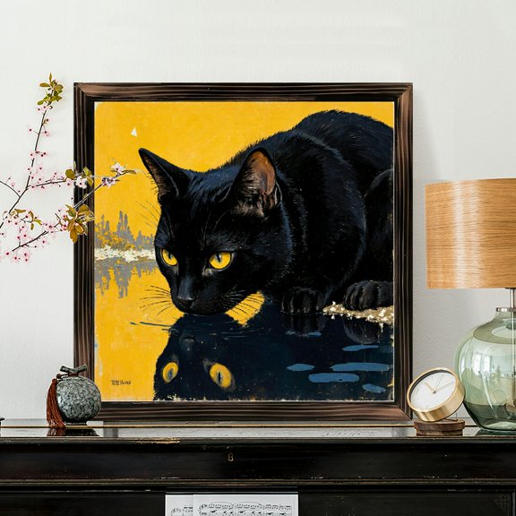 8x8 Inch Framed Wood Wall Art, Square Painting Featuring a Sleek Black Cat with Yellow Eyes on Mustard Background, Decorative Wooden Panel for Home Office Wall Decor, 1pc