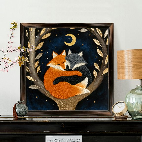 8x8 Inch Framed Wood Wall Art, Square Painting Featuring Two Cuddling Foxes Under Starry Night Sky, Textured Embroidery Style Decorative Panel, 1pc for Bedroom Living Room Cozy Home Decor