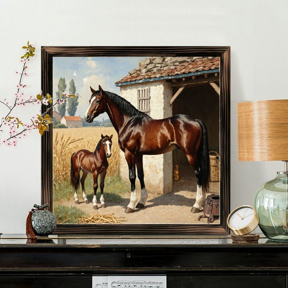 8x8 Inch Framed Wood Wall Art, Square Painting Featuring Two Horses in a Rural Stable Setting, Rustic Farmhouse Decor for Living Room, 1pc