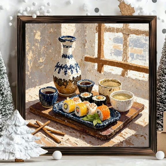 8x8 Inch Framed Wood Wall Art Square Painting Japanese Sushi Meal Platter Rustic Wooden Tray Artisanal Dining Scene 1pc for Kitchen Dining Room Decor
