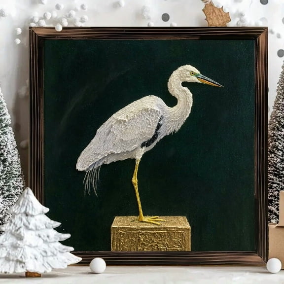 8x8 Inch Framed Wood Wall Art Square Painting Realistic White Heron Bird Profile on Textured Pedestal 1pc for Home Office Decor
