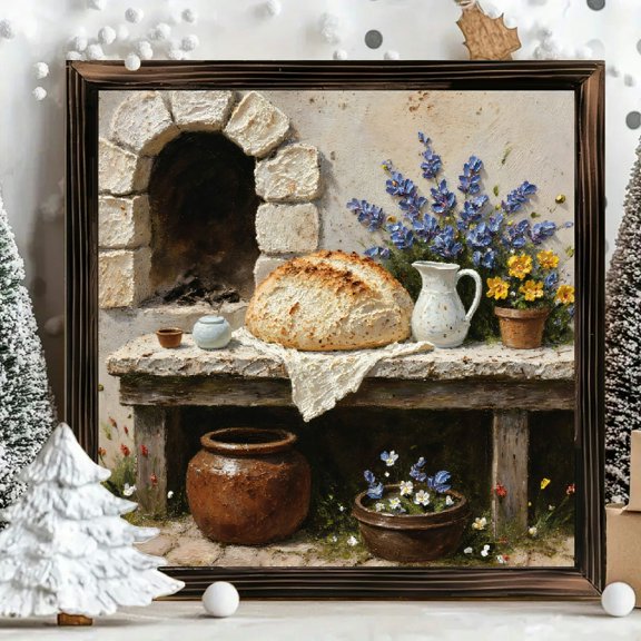 8x8 Inch Framed Wood Wall Art Square Painting Rustic Kitchen Still Life Bread Flowers Terracotta Pots for Farmhouse Home Decor