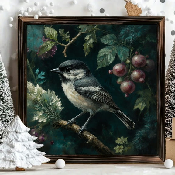 8x8 Inch Framed Wood Wall Art, Square Painting of Small Bird on Branch with Berries, Naturalistic Wildlife Illustration on Wood Panel, Decorative Hanging Art for Living Room or Bedroom, 1pc