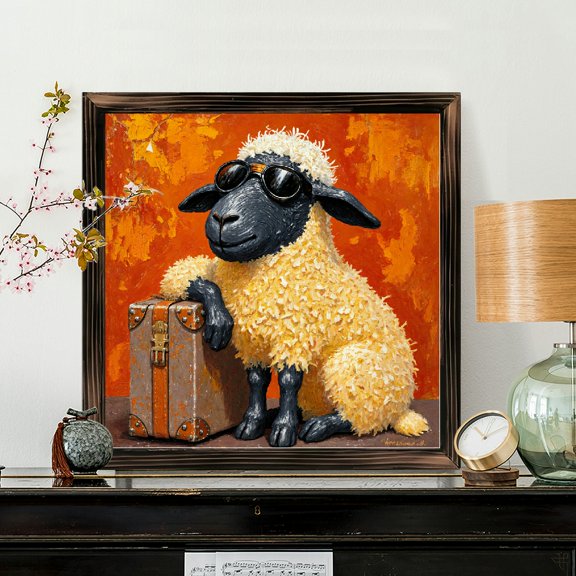 8x8 Inch Framed Wood Wall Art, Square Painting of Stylish Anthropomorphic Sheep with Sunglasses and Suitcase, Textured Orange Background Decorative Wood Panel for Home Office Wall Decor 1pc