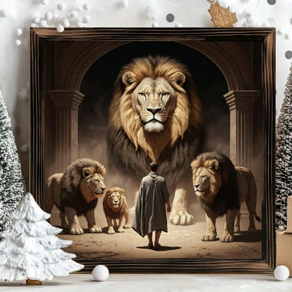 8x8 Inch Framed Wood Wall Art, Square Panel Painting Featuring Majestic Lions and Human Figure in Ancient Temple, Mystical Wildlife Portrait for Living Room Home Decor, 1pc