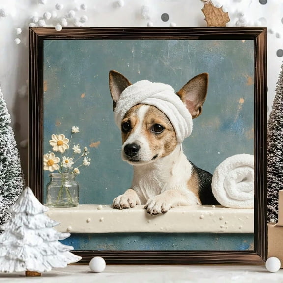 8x8 Inch Framed Wood Wall Art Square Panel Print, Adorable Dog in Spa Towel Bathroom Scene Decor, Wood Frame Single Piece for Bath and Home Decoration