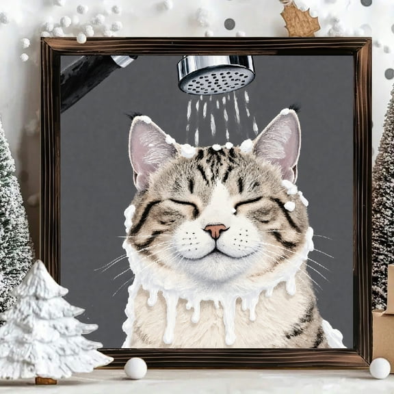 8x8 Inch Framed Wood Wall Art Square Print Tabby Cat Enjoying Shower with Suds in Bathroom Decor 1pc