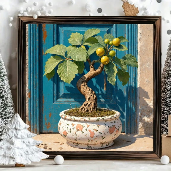 8x8 Inch Framed Wood Wall Art, Square Rustic Bonsai Tree Painting with Lemon Fruit Decor, Distressed Ceramic Pot Motif on Turquoise Door Background, 1pc for Home Office Wall Decoration