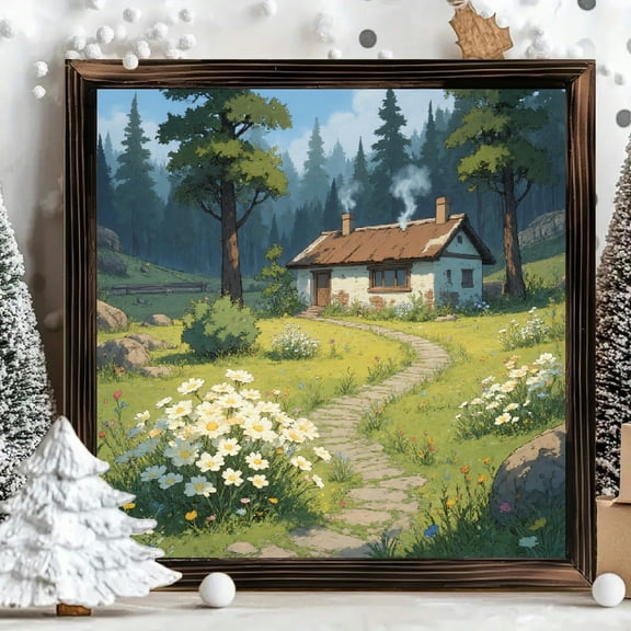 8x8 Inch Framed Wood Wall Art, Square Rustic Stone Cottage Meadow Landscape Painting on Wood Panel, Decorative Hanging Sign for Home Living Room Bedroom Decor 1pc