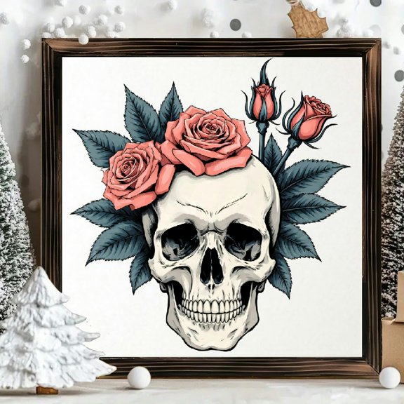 8x8 Inch Framed Wood Wall Art, Square Skull and Pink Rose Floral Painting, Gothic Botanical Wood Panel Decor for Home Living Room 1pc
