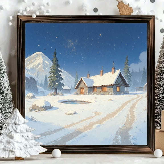 8x8 Inch Framed Wood Wall Art, Square Snowy Winter Cabin Landscape Painting with Starry Night Sky, Rustic Wooden Board Decorative Print for Cozy Home Living Room Decor 1pc