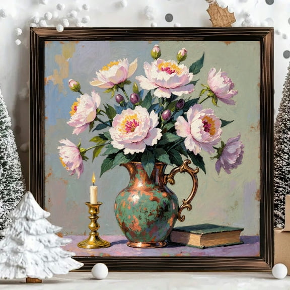 8x8 Inch Framed Wood Wall Art, Square Still Life Painting of Peony Bouquet in Copper Pitcher with Candle and Book, Rustic Decorative Wood Panel for Home Living Room Wall Decor 1pc