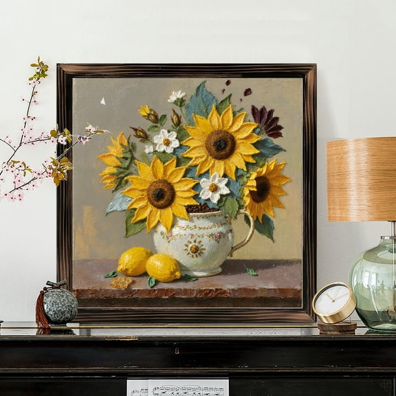 8x8 Inch Framed Wood Wall Art, Square Still Life Sunflower and Lemon Painting on Wood Panel, Rustic Floral Botanical Decor for Home Living Room 1pc