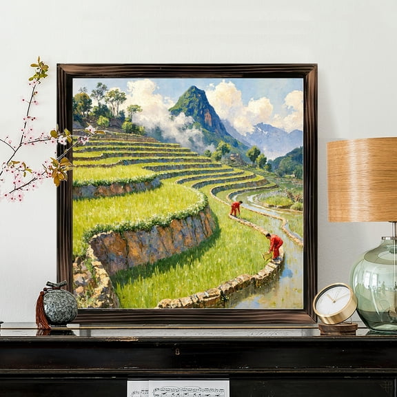 8x8 Inch Framed Wood Wall Art, Square Terraced Rice Paddy Landscape Painting with Mountain View, Rustic Wood Panel Decorative Hanging Decor for Home Office 1pc