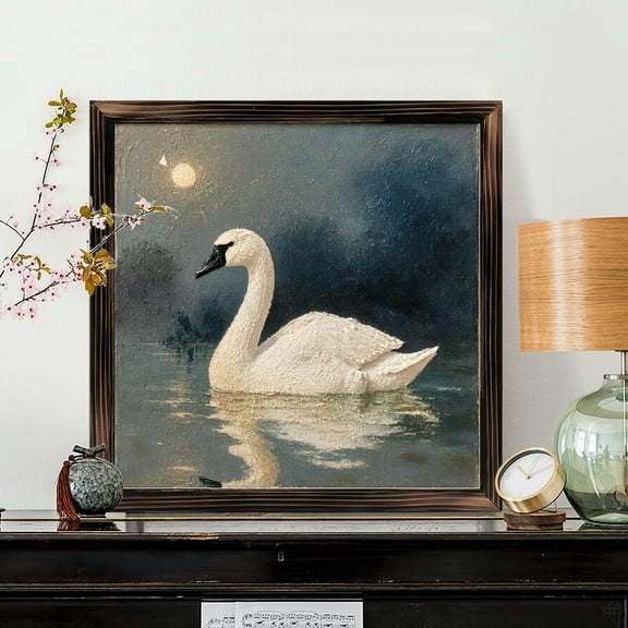 8x8 Inch Framed Wood Wall Art, Square Textured Painting of White Swan on Moonlit Water, Impressionist Style Decorative Wood Panel for Home Living Room 1pc