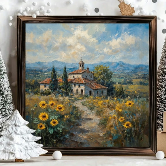 8x8 Inch Framed Wood Wall Art, Square Tuscan Countryside Landscape Painting with Sunflowers and Stone Farmhouse on Wood Panel 1pc for Home Office Wall Decor