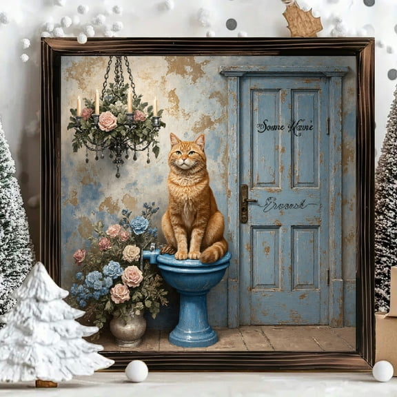 8x8 Inch Framed Wood Wall Art, Square Whimsical Orange Tabby Cat with Floral Bouquet Painting, Rustic Farmhouse Style Decorative Wooden Panel for Home Bedroom Living Room Decor, 1pc