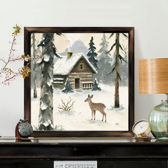 8x8 Inch Framed Wood Wall Art, Square Winter Forest Scene with Deer and Rustic Cabin Painting, Decorative Wood Panel for Home Living Room Bedroom Wall Decor 1pc