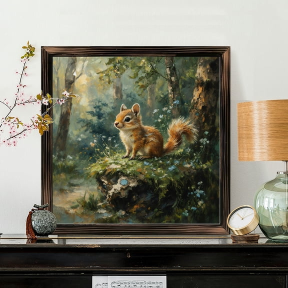 8x8 Inch Framed Wood Wall Art, Square Woodland Squirrel Portrait on Mossy Rock, Natural Forest Scene Print for Rustic Home Living Room Office Decor 1pc