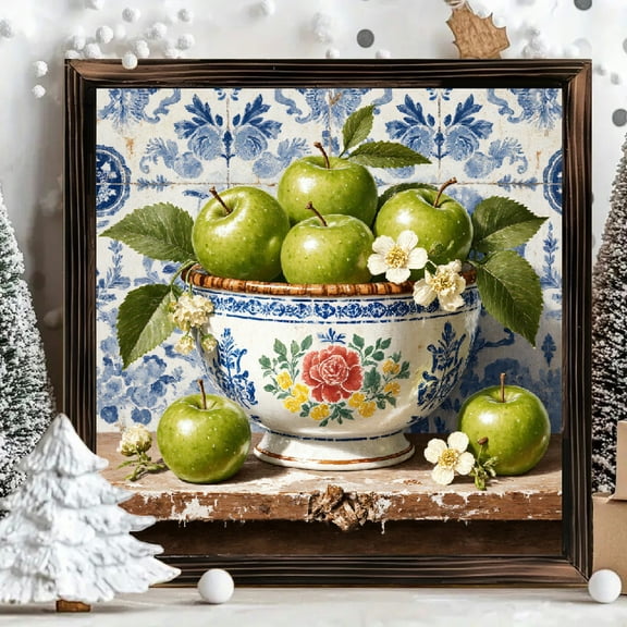 8x8 Inch Framed Wood Wall Art, Still Life Fresh Green Apples in Ceramic Bowl Print Square Decorative Panel for Kitchen Dining Room Wall Decor 1pc