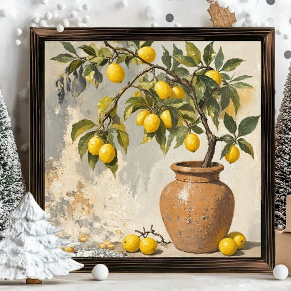 8x8 Inch Framed Wood Wall Art, Still Life Lemon Tree Painting with Rustic Terracotta Pot, Square Decorative Wood Panel for Kitchen Dining Room Wall Decor 1pc
