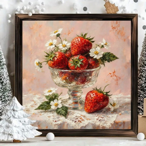 8x8 Inch Framed Wood Wall Art, Still Life Oil Painting with Fresh Strawberries and Flowers, Square Decorative Wood Panel for Kitchen or Dining Room Decor, 1pc