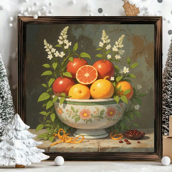 8x8 Inch Framed Wood Wall Art, Still Life Painting with Fruit and Flowers on Stone Ledge, Square Decorative Panel for Kitchen or Dining Room Decor 1pc