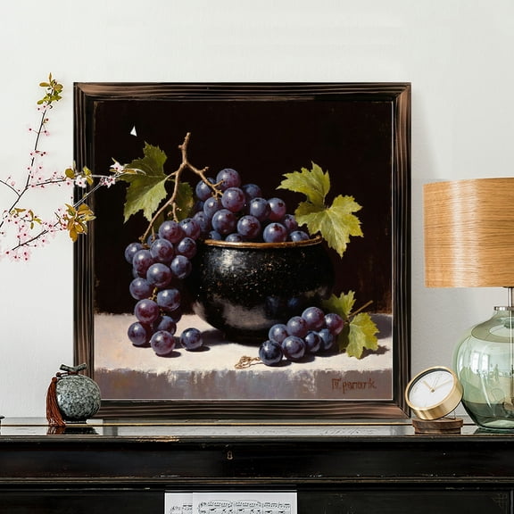 8x8 Inch Framed Wood Wall Art, Still Life Painting of Purple Grapes in Ceramic Bowl Square Decorative Panel for Kitchen Dining Room Decor 1pc