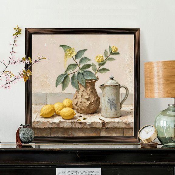 8x8 Inch Framed Wood Wall Art, Still Life Painting with Lemons and Flowers on Stone Ledge, Square Decorative Wooden Panel for Kitchen Home Decor 1pc