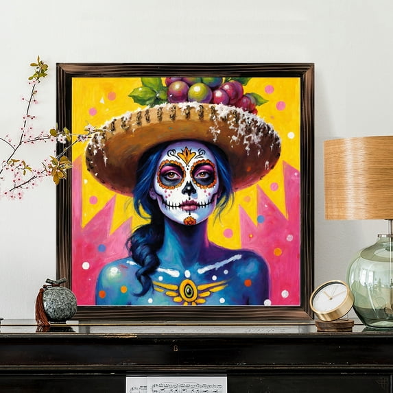 8x8 Inch Framed Wood Wall Art, Sugar Skull Woman with Fruit Hat ...