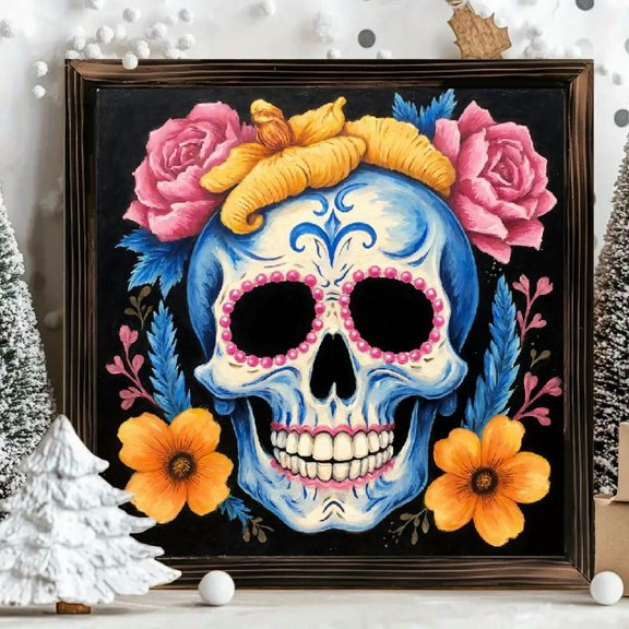 8x8 Inch Framed Wood Wall Art, Sugar Skull with Floral Design Square Painting 1pc for Gothic Home and Day of the Dead Decor