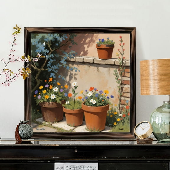 8x8 Inch Framed Wood Wall Art, Sunlit Garden Flower Pots Square Painting, Rustic Terracotta Floral Decor on Wood Panel, 1pc for Home Office Wall Decoration