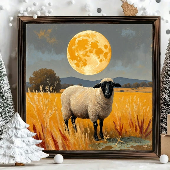 8x8 Inch Framed Wood Wall Art, Surreal Black Faced Sheep in Golden Wheat Field Painting, Square Wooden Panel Decor for Home Bedroom Living Room, 1pc