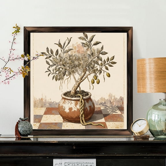 8x8 Inch Framed Wood Wall Art, Surreal Botanical Olive Tree Square Painting, Rustic Still Life Decor on Wood Panel, 1pc for Home Office Wall Decoration