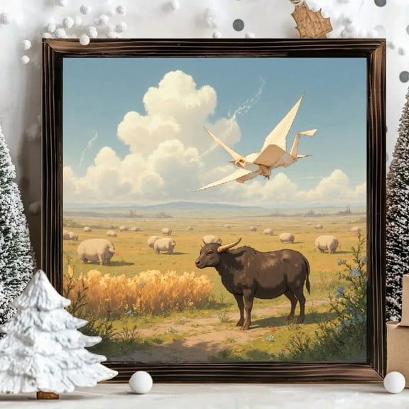 8x8 Inch Framed Wood Wall Art, Surreal Landscape with Bull and Origami Crane Square Decorative Painting, Natural Wood Frame Home Wall Decor 1pc