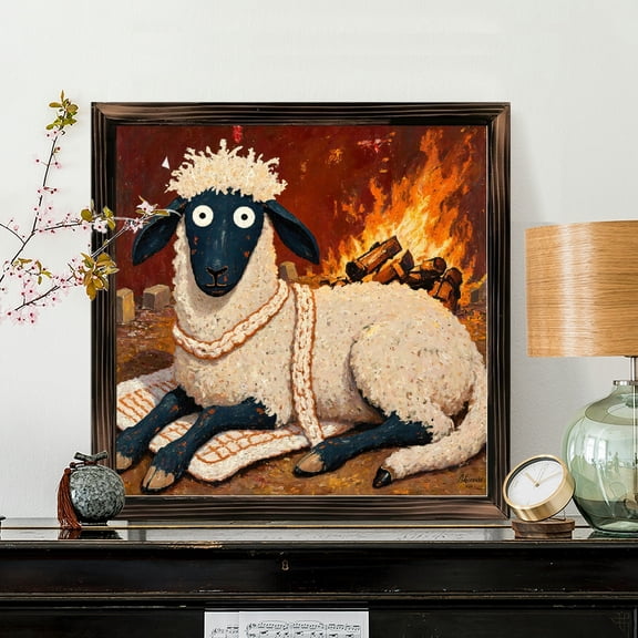 8x8 Inch Framed Wood Wall Art, Surreal Sheep with Scarf and Fireplace Painting Square Decorative Panel for Home Living Room Bedroom Decor 1pc