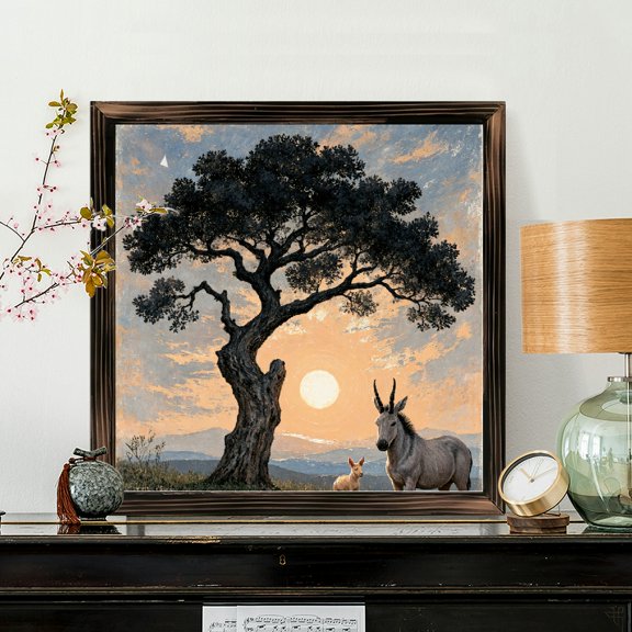 8x8 Inch Framed Wood Wall Art, Surreal Twilight Landscape with Ancient Tree and Animals Square Panel Painting, Rustic Decorative Hanging Artwork for Home Bedroom Living Room Decor 1pc