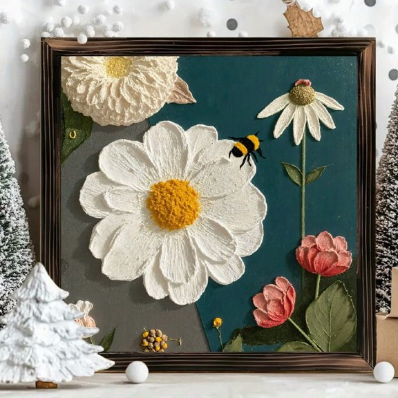 8x8 Inch Framed Wood Wall Art, Textured Floral Painting with Bumblebee on Two Tone Background, Square Decorative Wood Panel for Home Living Room Bedroom Decor 1pc
