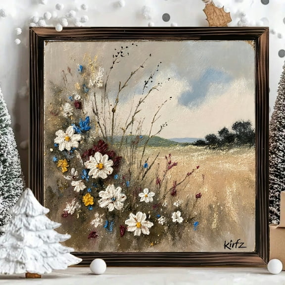 8x8 Inch Framed Wood Wall Art, Textured Wildflower Field Square Painting, Rustic Floral Nature Print on Wood Panel for Home Living Room Bedroom Decor 1pc