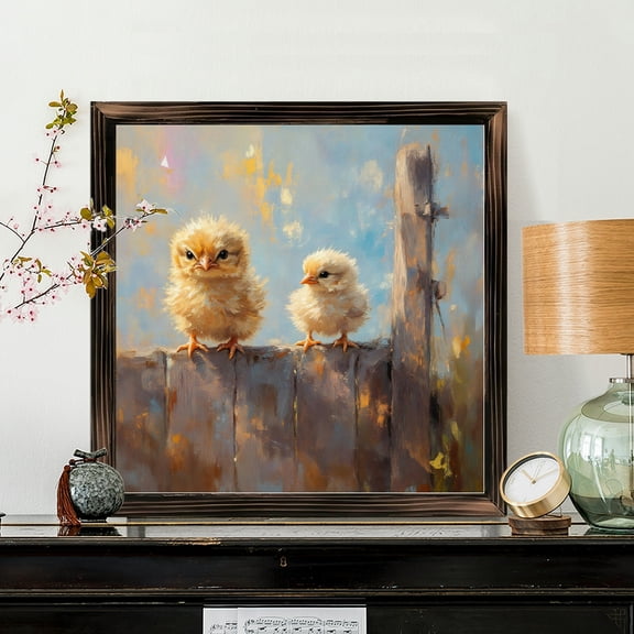 8x8 Inch Framed Wood Wall Art, Two Fluffy Yellow Chicks on Weathered Fence Square Painting, Rustic Oil Style Animal Portrait for Nursery and Home Decor 1pc