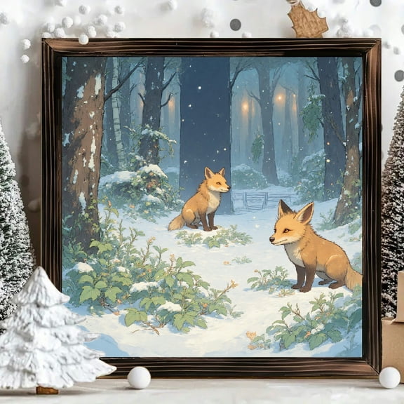 8x8 Inch Framed Wood Wall Art, Two Red Foxes in Snowy Forest Landscape Square Wooden Panel Painting 1pc for Winter Home and Nursery Decor