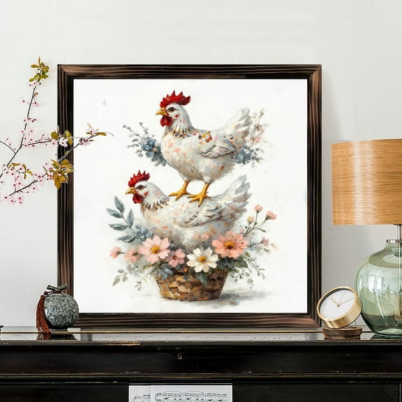 8x8 Inch Framed Wood Wall Art, Two White Chickens in Floral Basket Watercolor Painting Square Decorative Panel for Farmhouse Kitchen Home Decor 1pc