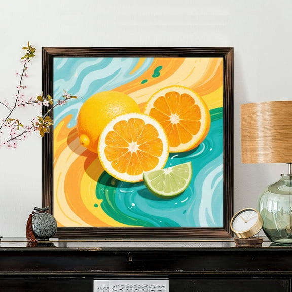 8x8 Inch Framed Wood Wall Art, Vibrant Citrus Fruit Square Painting with Colorful Swirl Background, Wooden Board Decor for Kitchen and Dining Room, 1pc