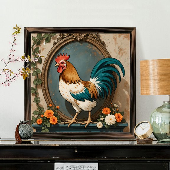 8x8 Inch Framed Wood Wall Art, Vibrant Rooster Portrait with Floral Accents Square Decorative Painting, Rustic Vintage Style Wall Decor for Home Living Room 1pc