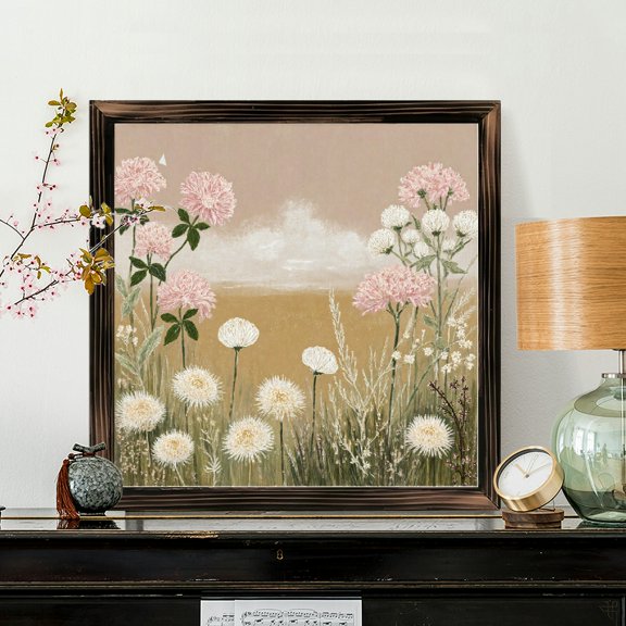 8x8 Inch Framed Wood Wall Art, Vintage Botanical Field of Flowers Painting, Square Floral Decor on Wood Panel, Single Piece for Home Living Room Bedroom Office Wall Decoration