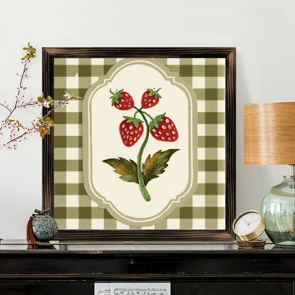 8x8 Inch Framed Wood Wall Art, Vintage Botanical Strawberry Illustration Square Painting, Decorative Wooden Panel for Kitchen and Dining Room Wall Decor, 1pc
